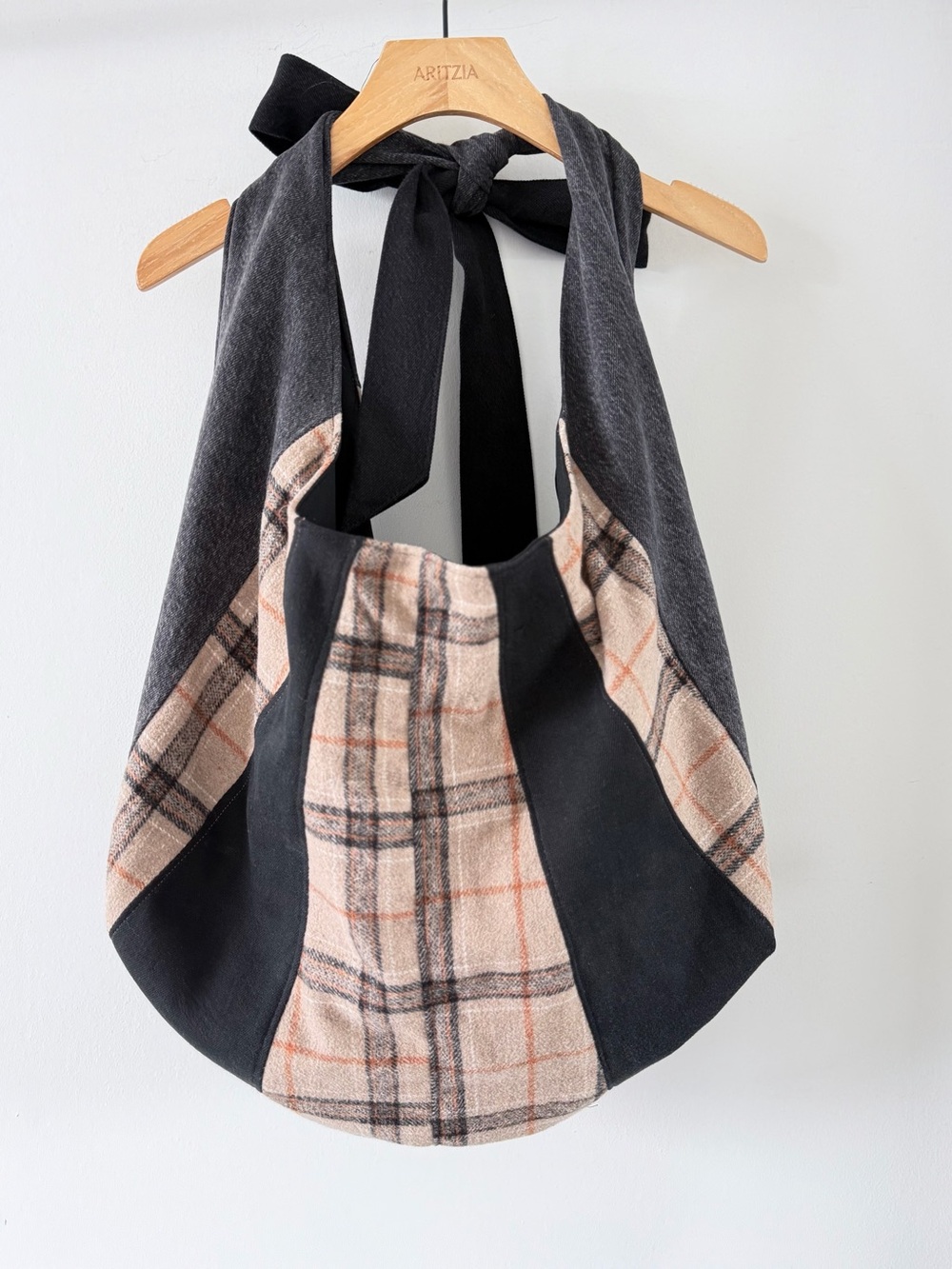 Handmade Denim Plaid Patchwork Hobo Bag Oversized Bow Tie Shoulder Tote - Picture 3 of 8